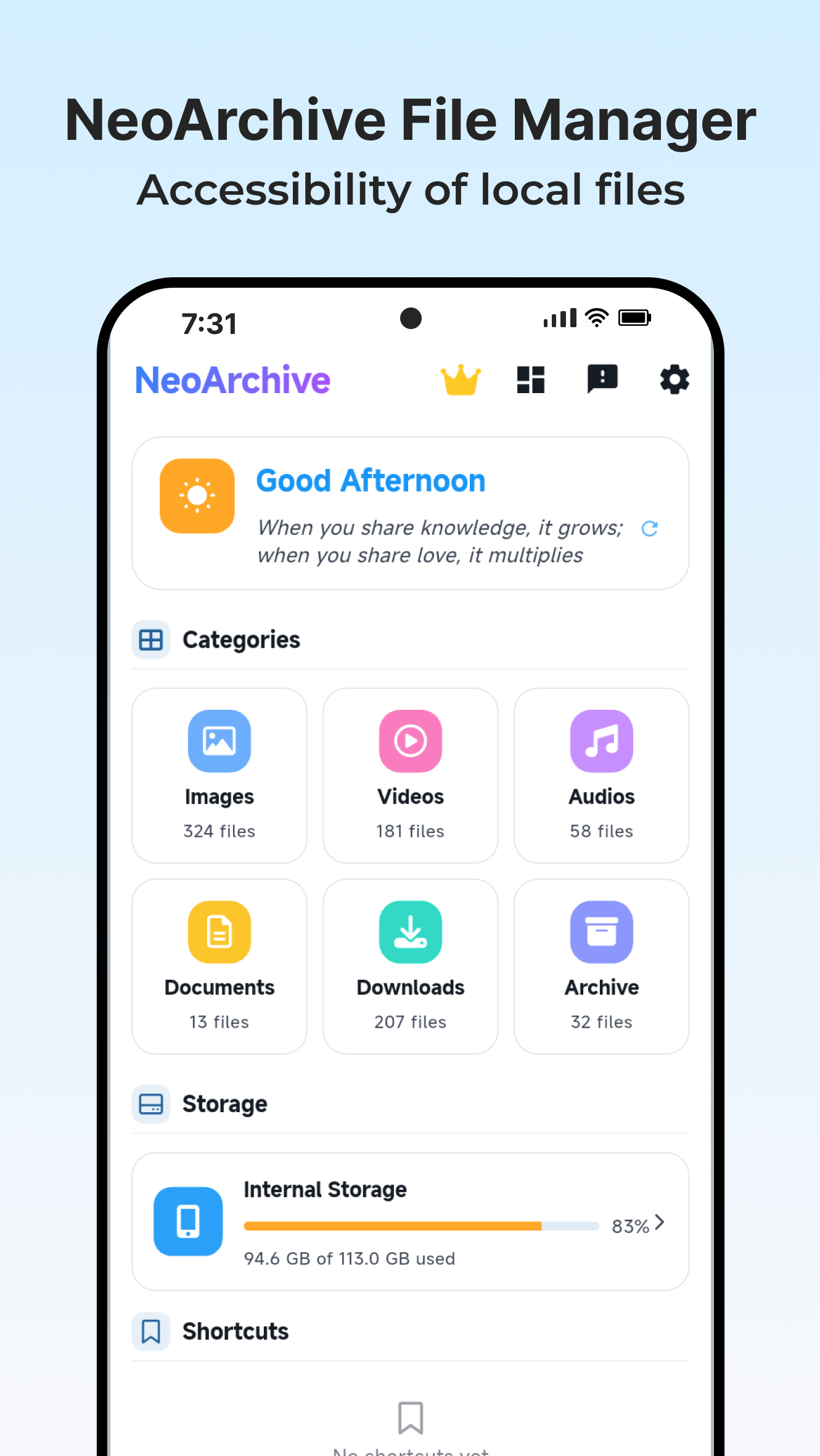 NeoArchive Home Page - Main dashboard interface